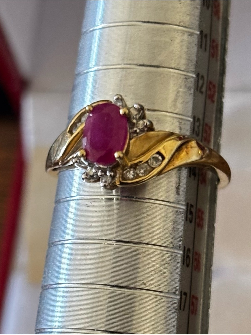 Estate 10K Ruby & Diamond Ring. 6.5-6.75